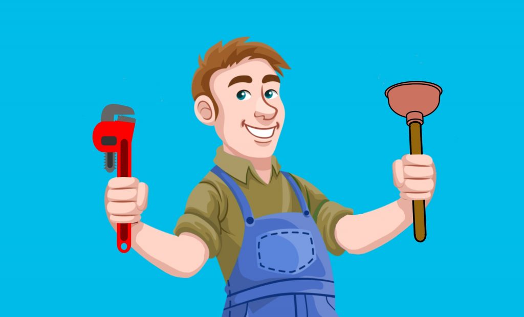 Cartoon plumber holding plunger and pipe wrench tools