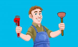 Cartoon plumber holding plunger and pipe wrench tools